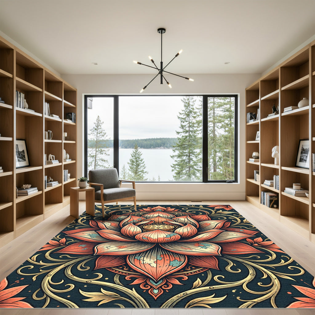 Ornate Coral Lotus Floral Medallion Rug