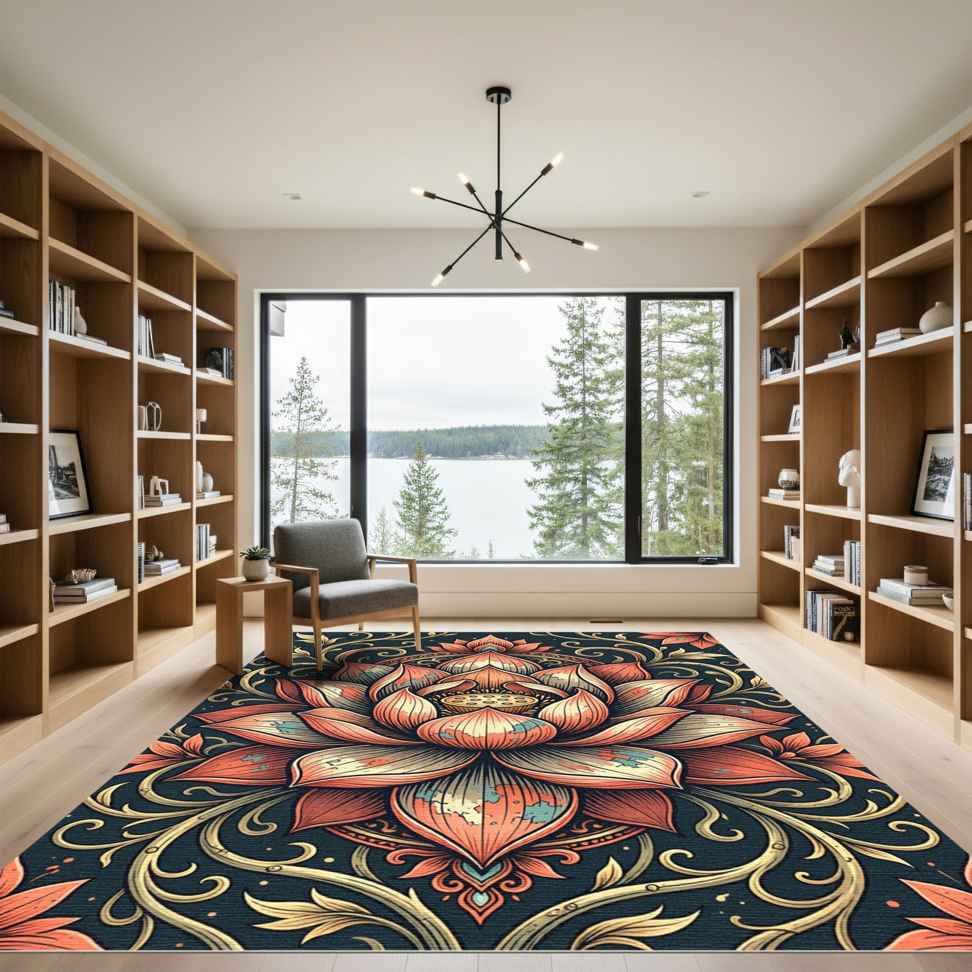 Ornate Coral Lotus Floral Medallion Rug