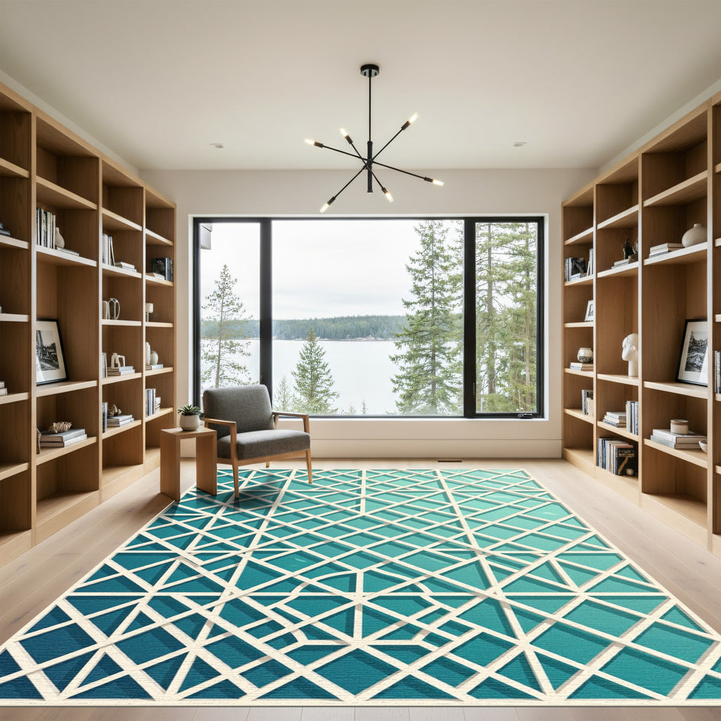 Teal Geometric Lattice Overlay Grid Rug