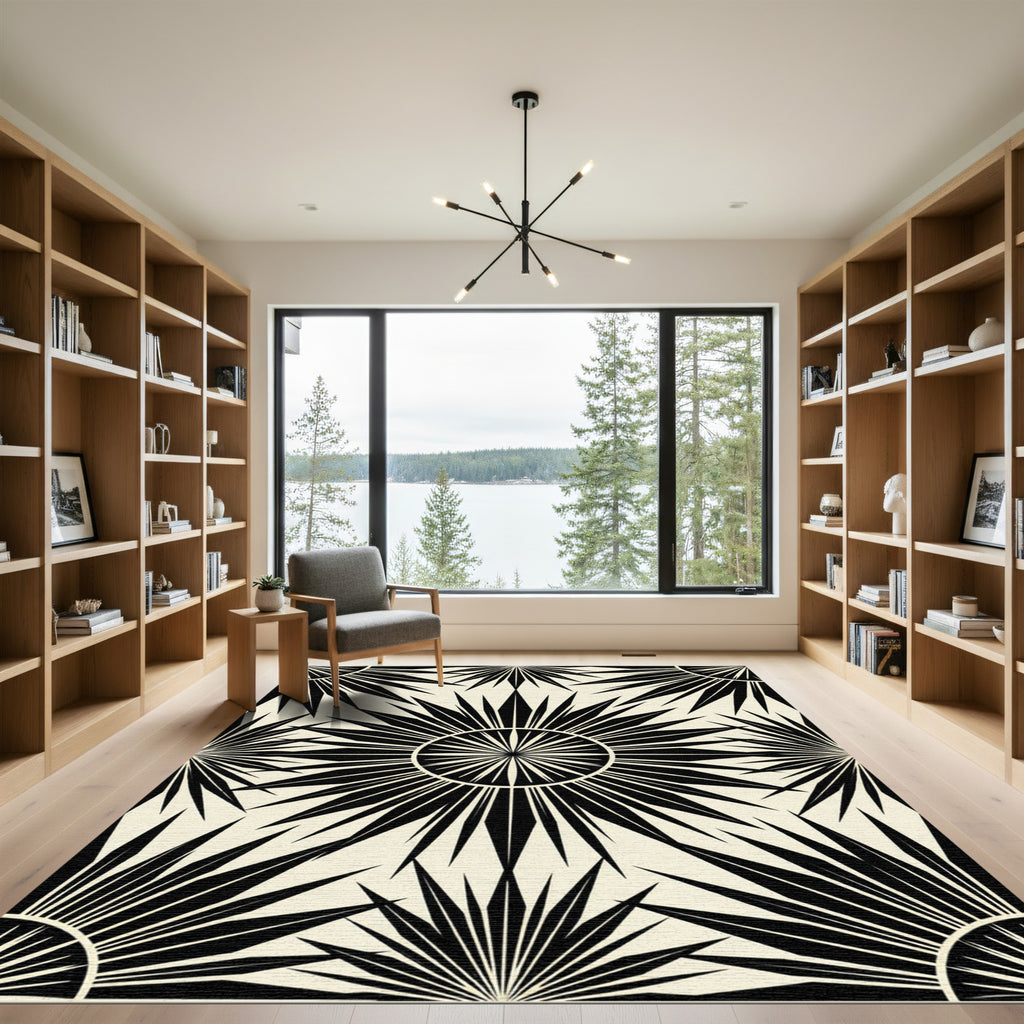 Black Sunburst Rays Cream Rug