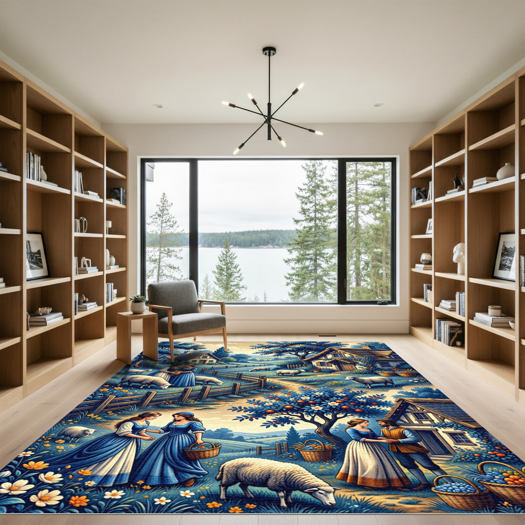 Pastoral Blue Cottage Sheep Farm Scene Rug