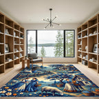 Pastoral Blue Cottage Sheep Farm Scene Rug
