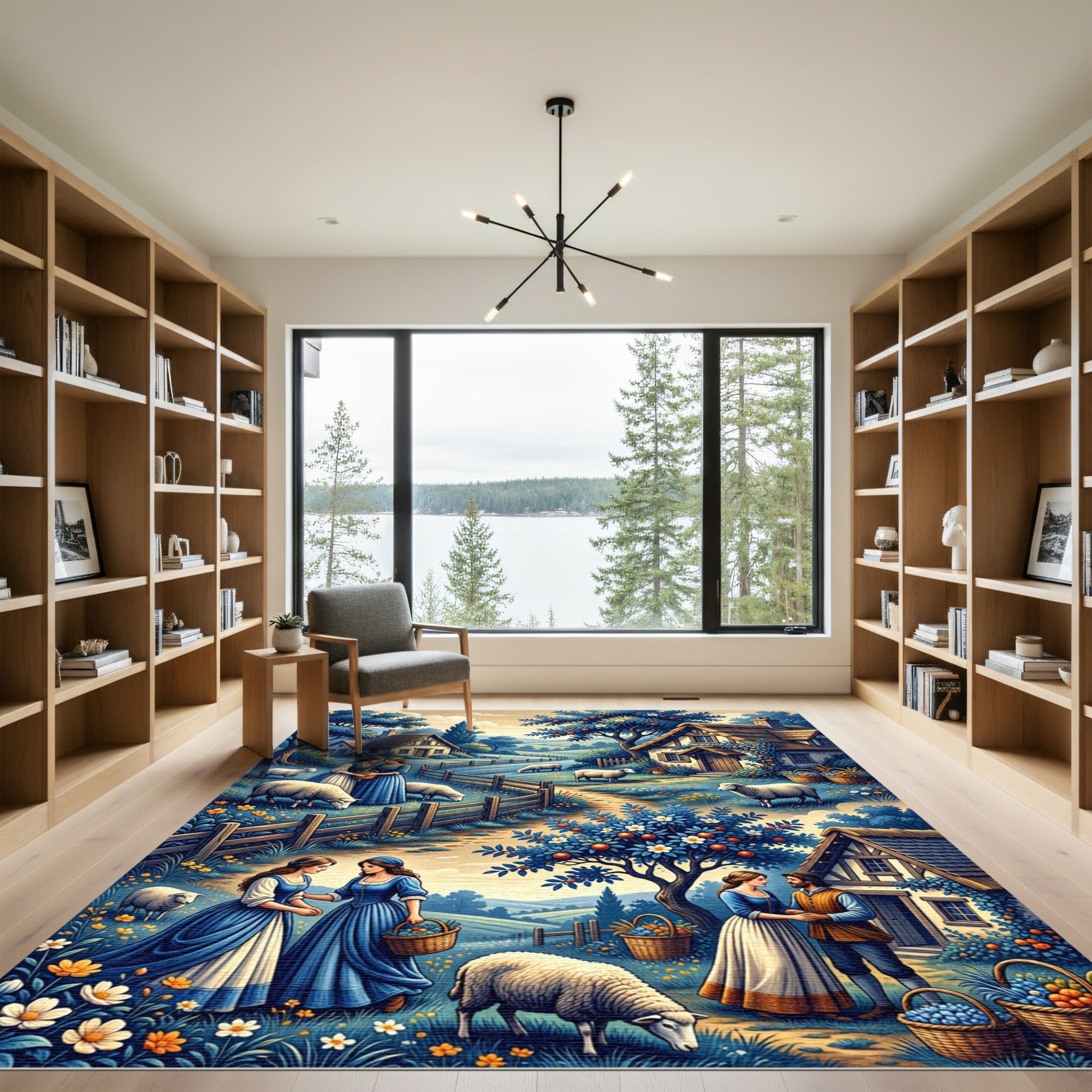 Pastoral Blue Cottage Sheep Farm Scene Rug