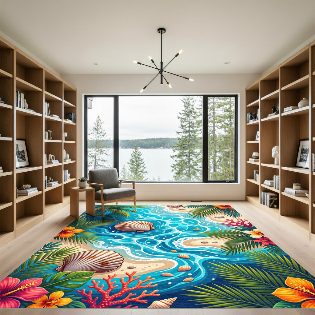 Vibrant Tropical Seashell Aquatic Island Rug