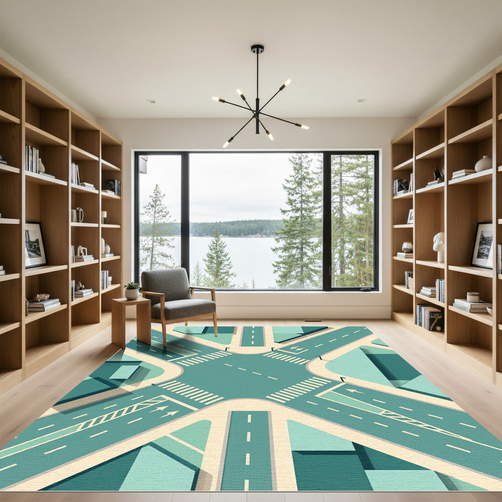 Geometric Teal Urban Intersection Grid Rug