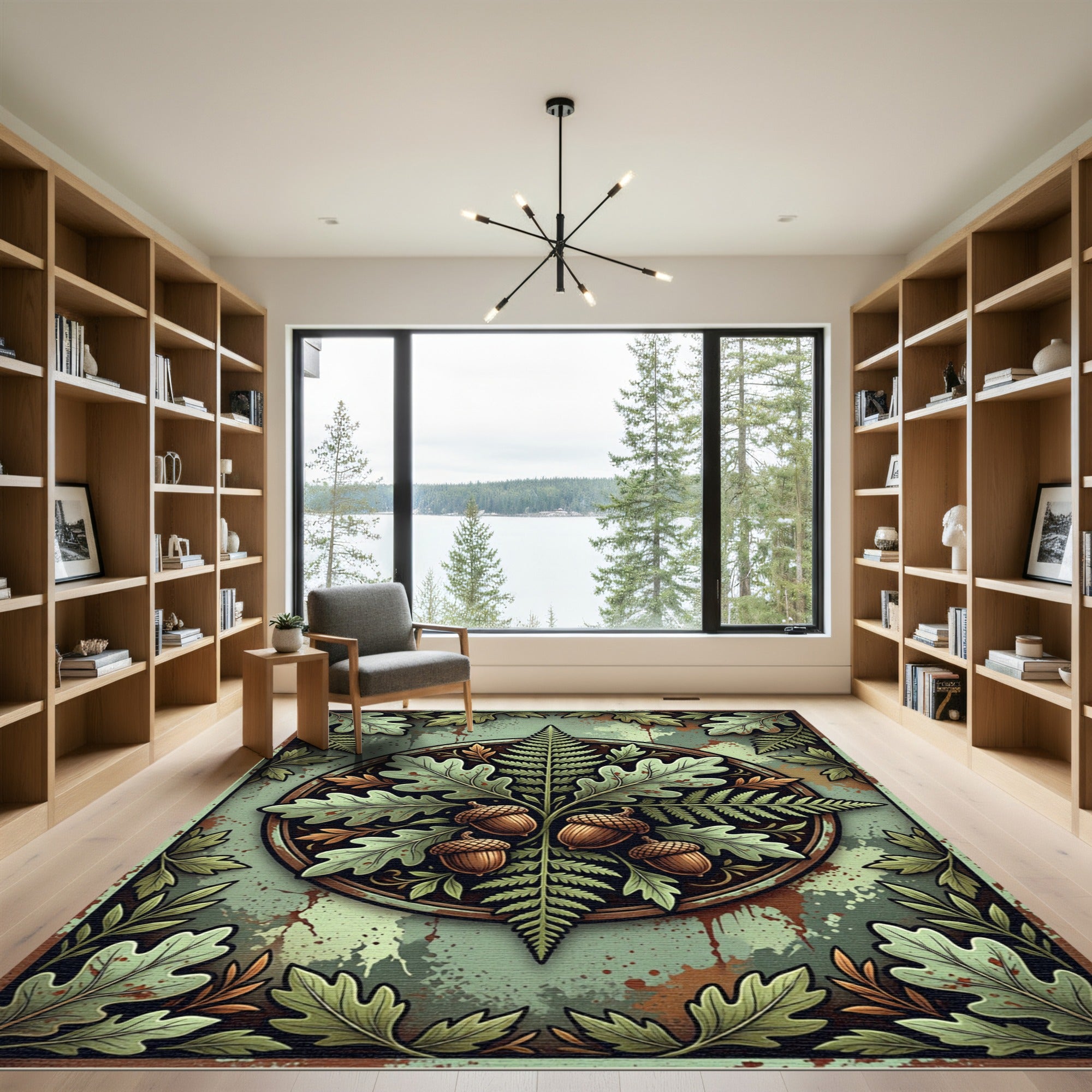 Earthy Oak Leaf Acorn Fern Medallion Rug