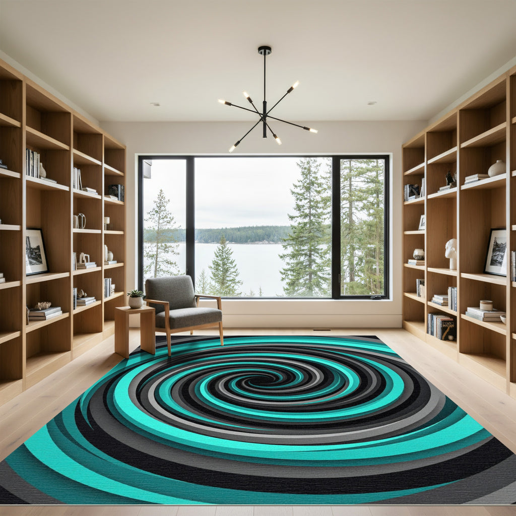 Modern Teal and Gray Hypnotic Spiral Rug