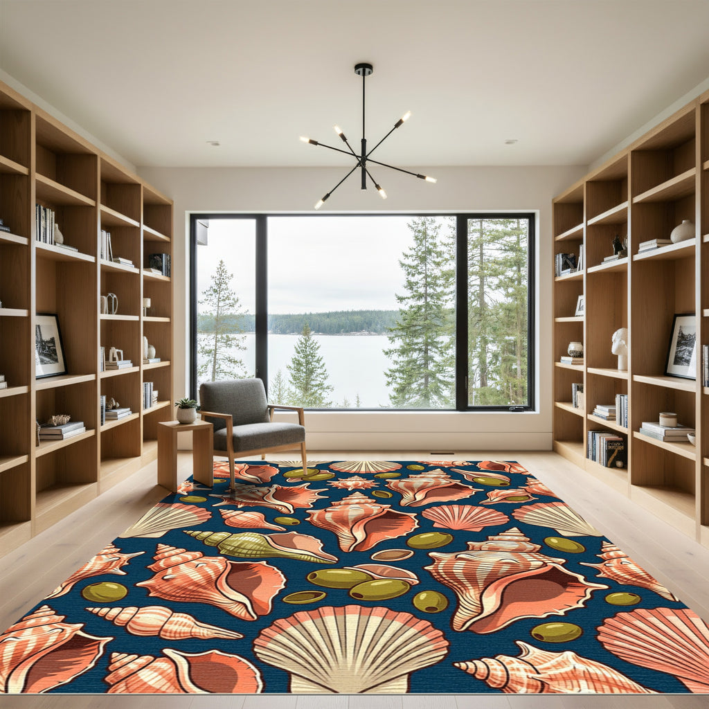 Coastal Seashell and Olive Deep Navy Rug
