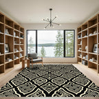 Elegant Black and Cream Scalloped Wave Rug