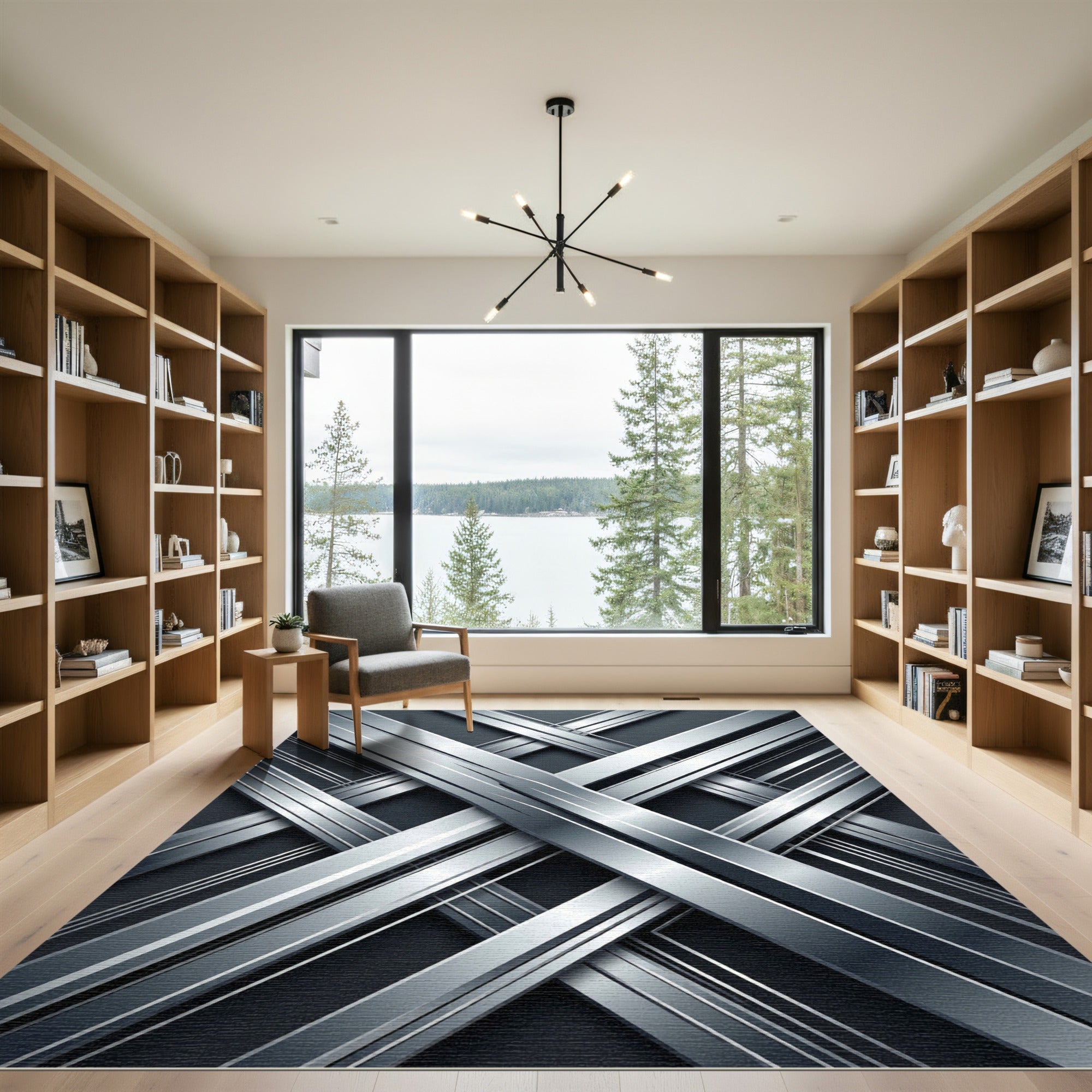 Modern Metallic Silver Intersecting Lines Rug