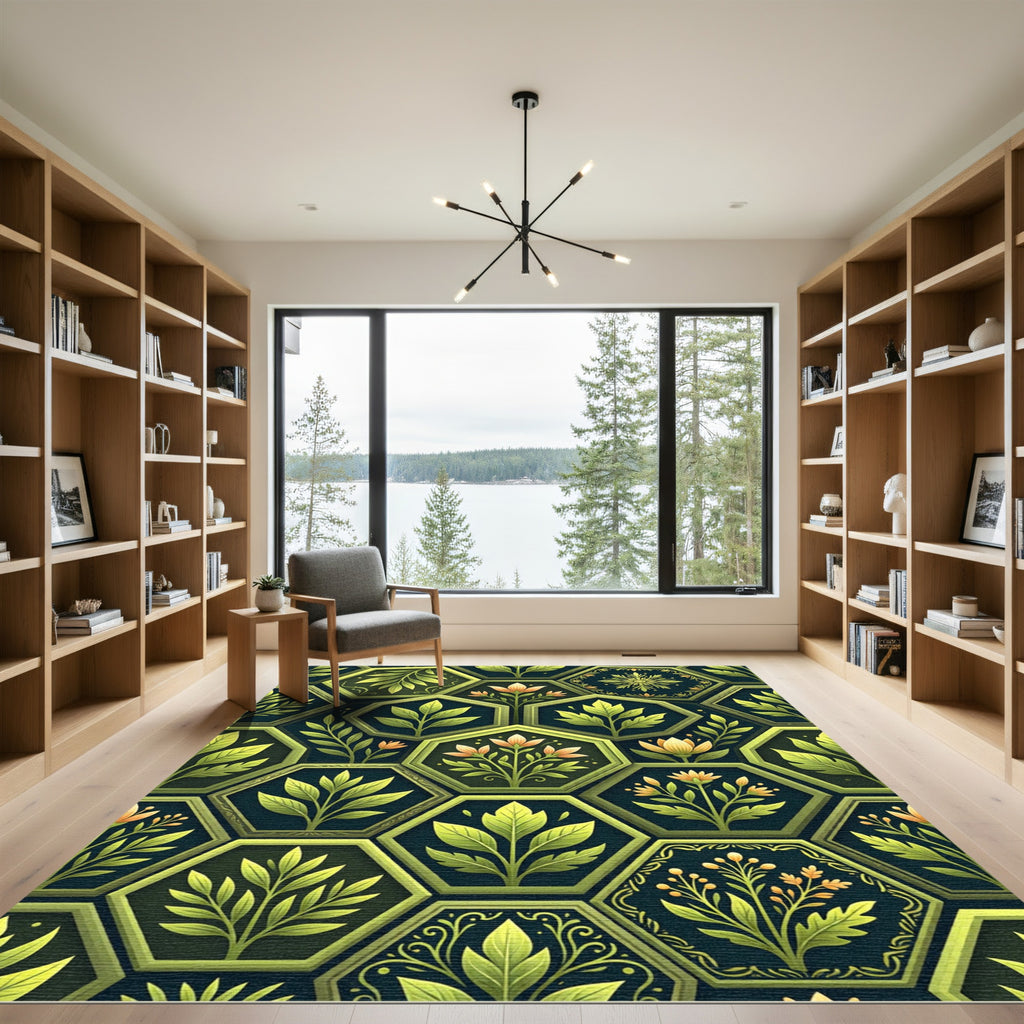 Emerald Green Hexagonal Botanical Floral Rug