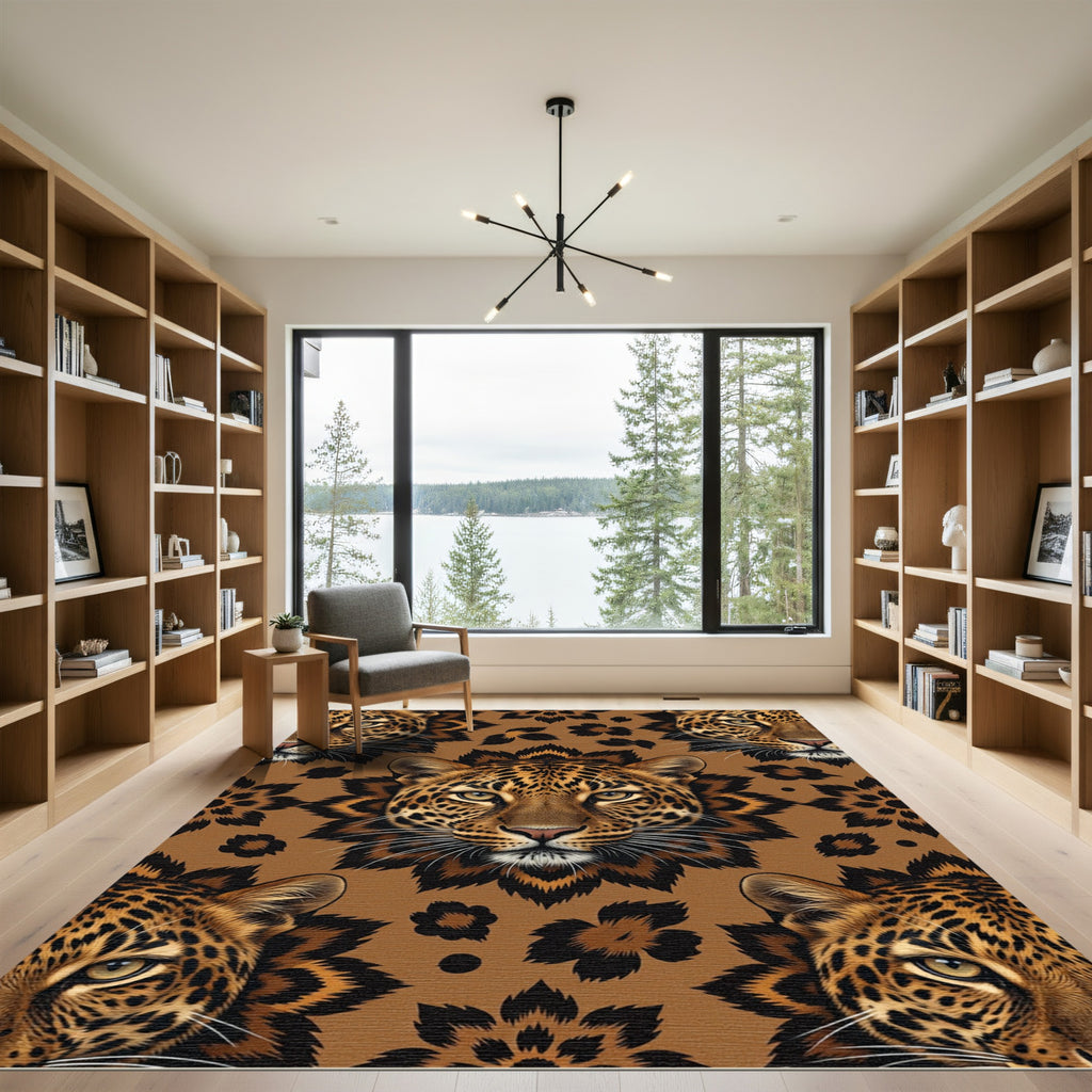 Majestic Leopard Face Floral Medallion Rug