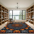 Golden Lotus Mandala and Dark Gray Flourish Rug