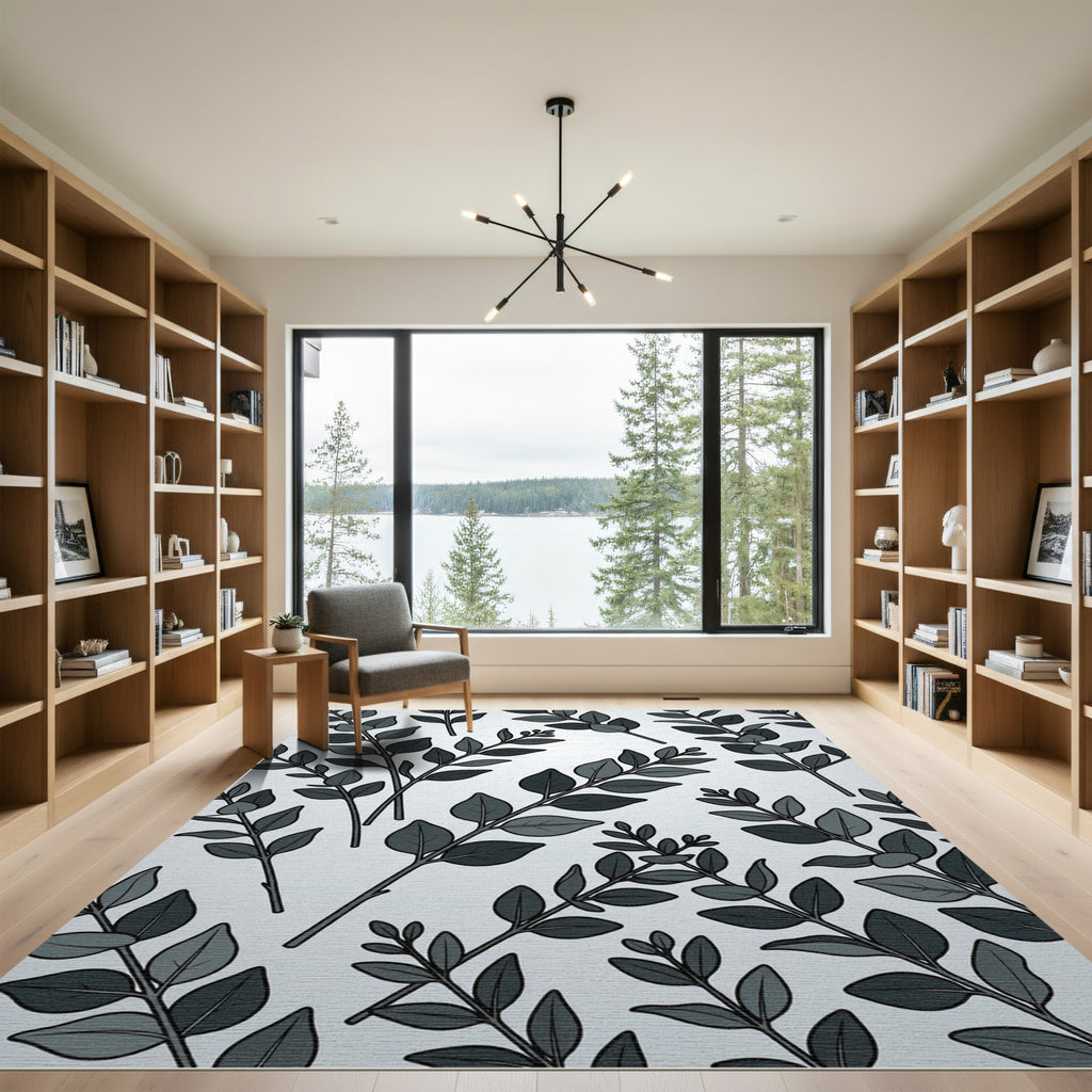 Dark Gray Leaf Branch Composition Rug