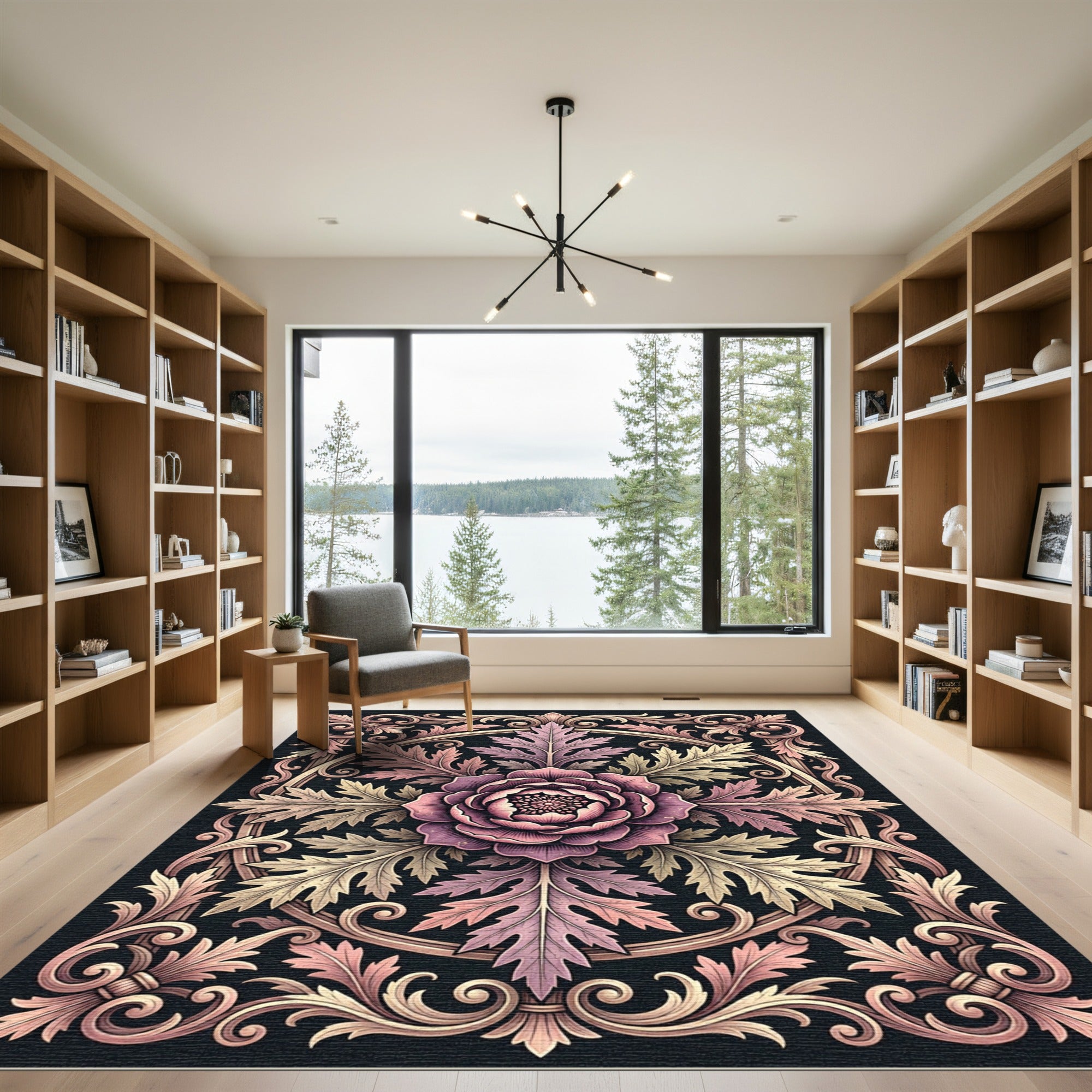 Ornate Mauve Rose Damask Circular Medallion Rug