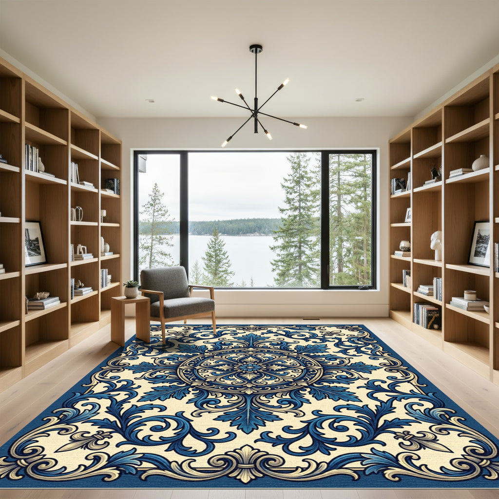 Ornate Blue Scroll Medallion Accents Rug