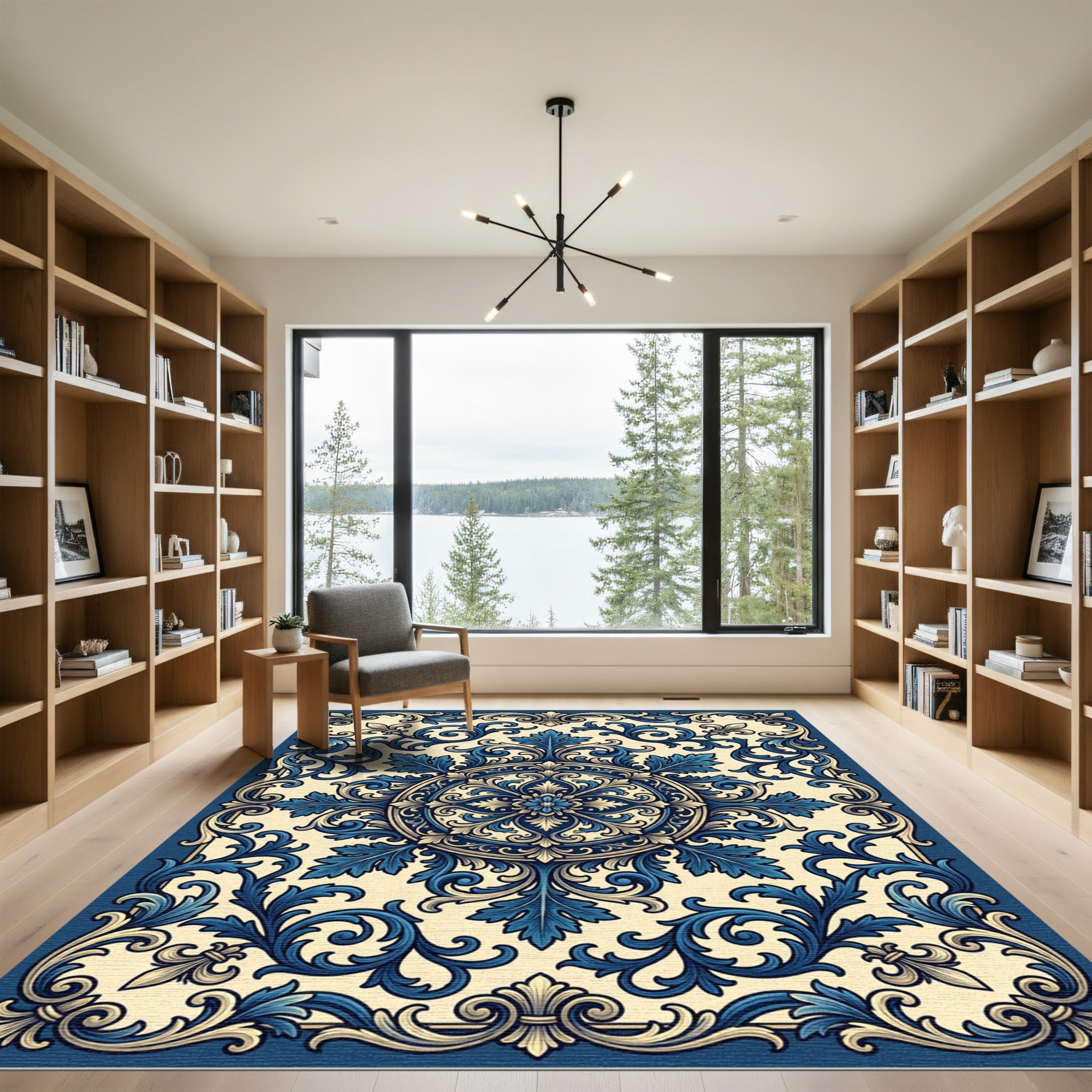 Ornate Blue Scroll Medallion Accents Rug