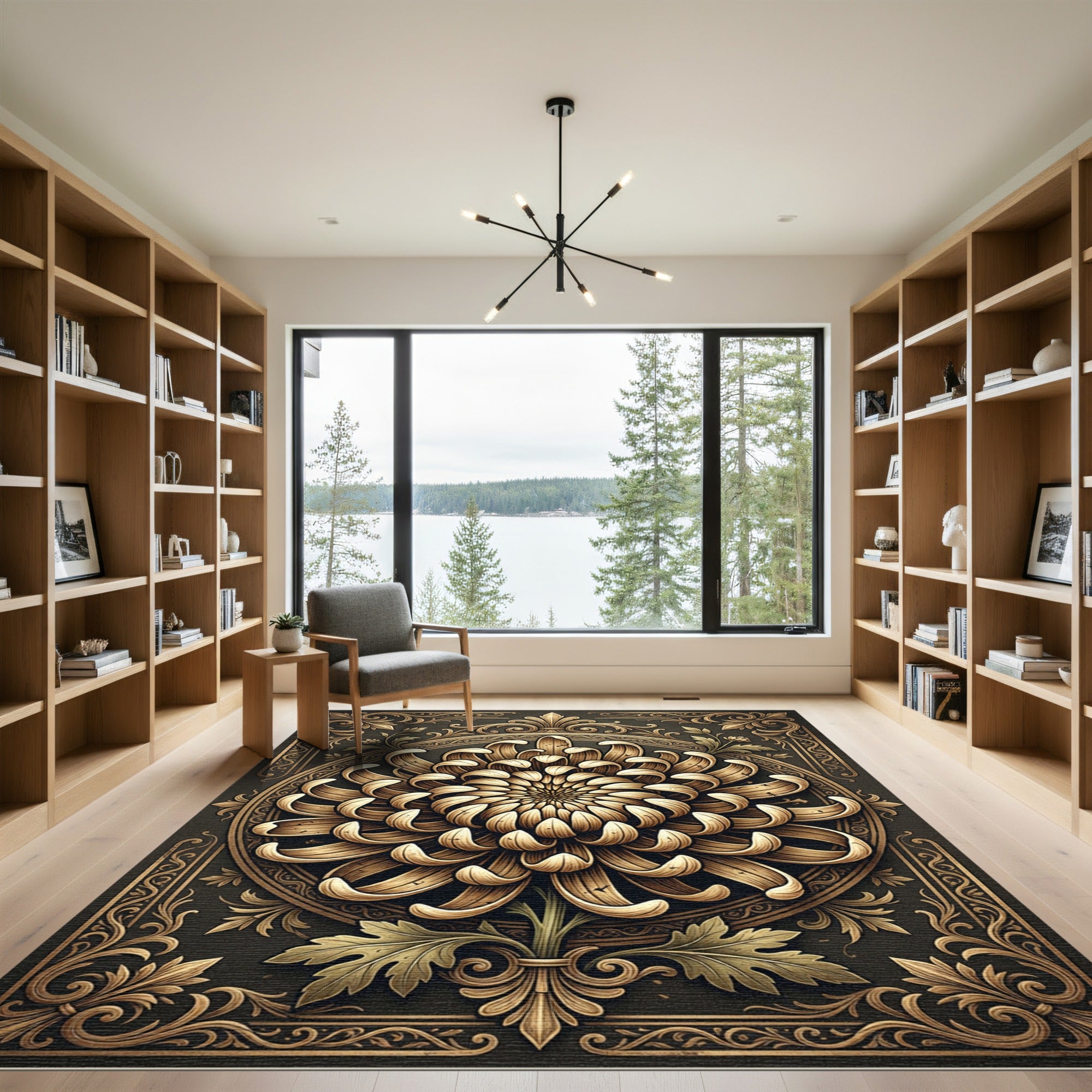 Golden Chrysanthemum Ornate Floral Medallion Rug