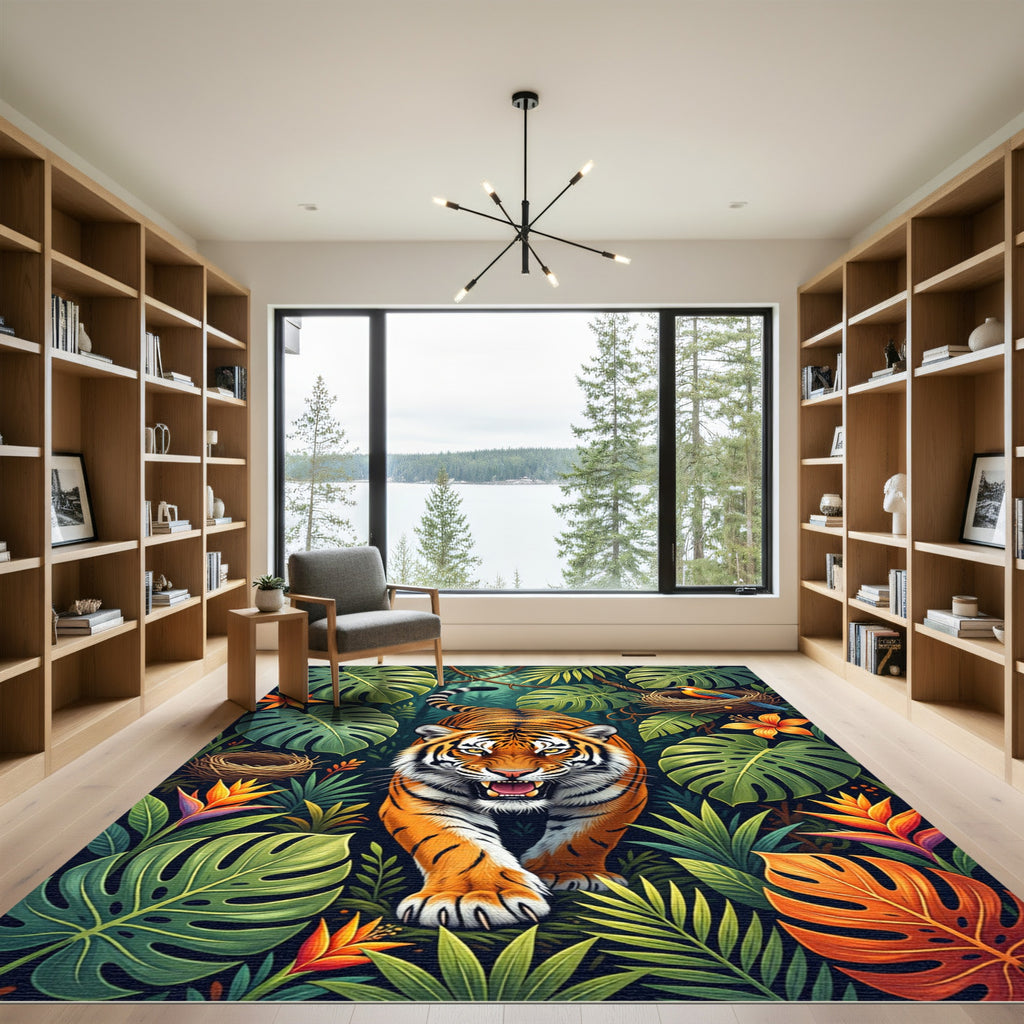 Vibrant Tropical Tiger Jungle Foliage Rug