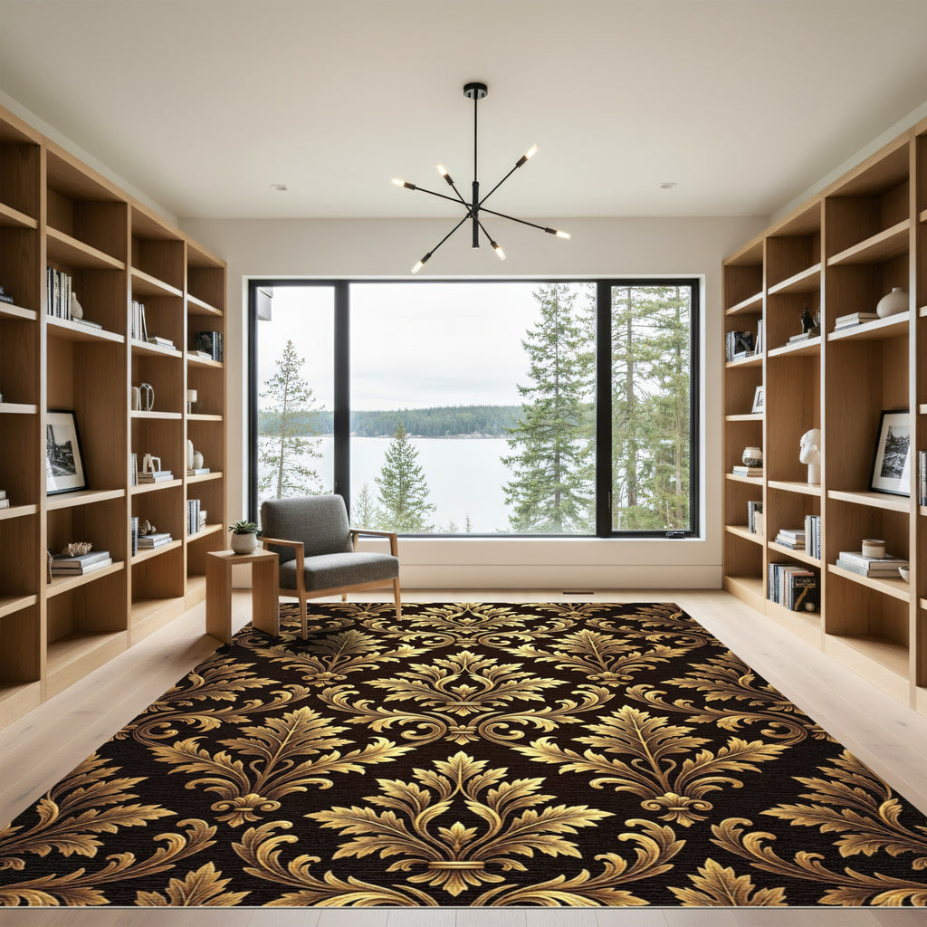 Elegant Gold Damask Foliage Wallpaper Rug