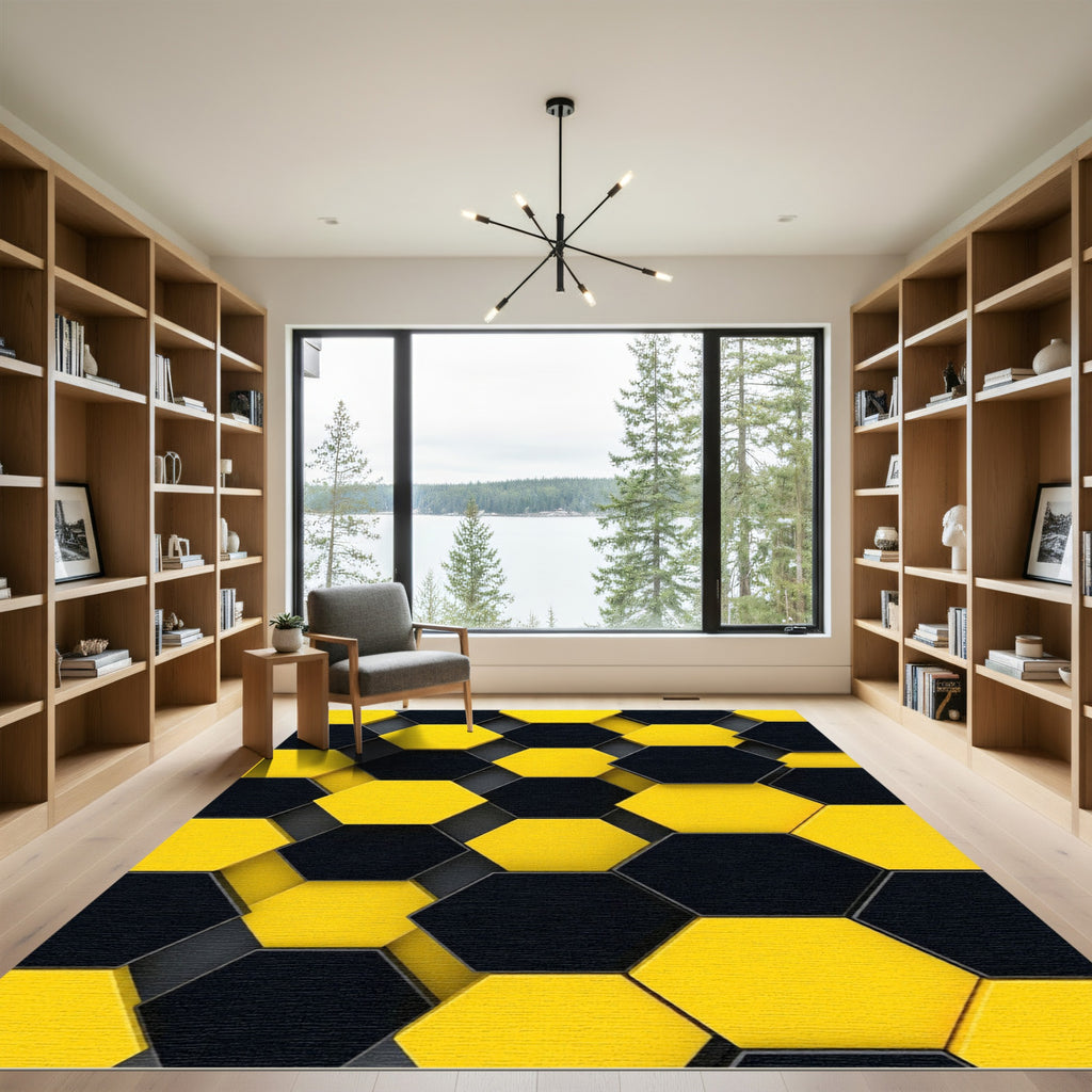 Bold Black and Yellow Honeycomb Rug