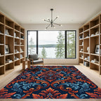 Ornate Burnt Orange Blue Damask Rug