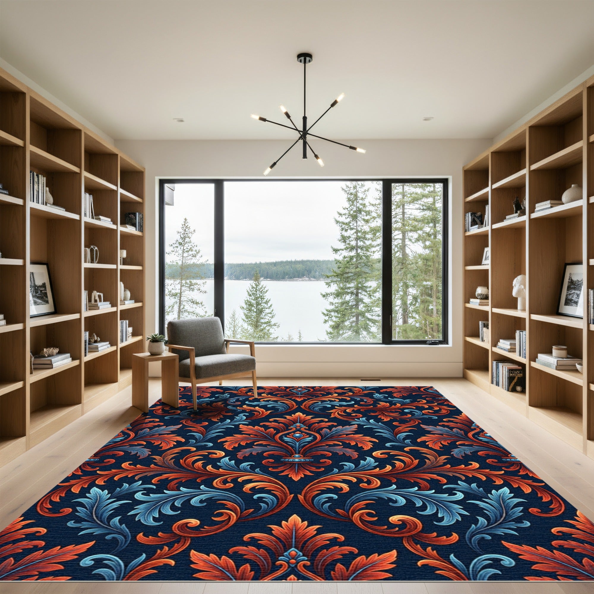 Ornate Burnt Orange Blue Damask Rug