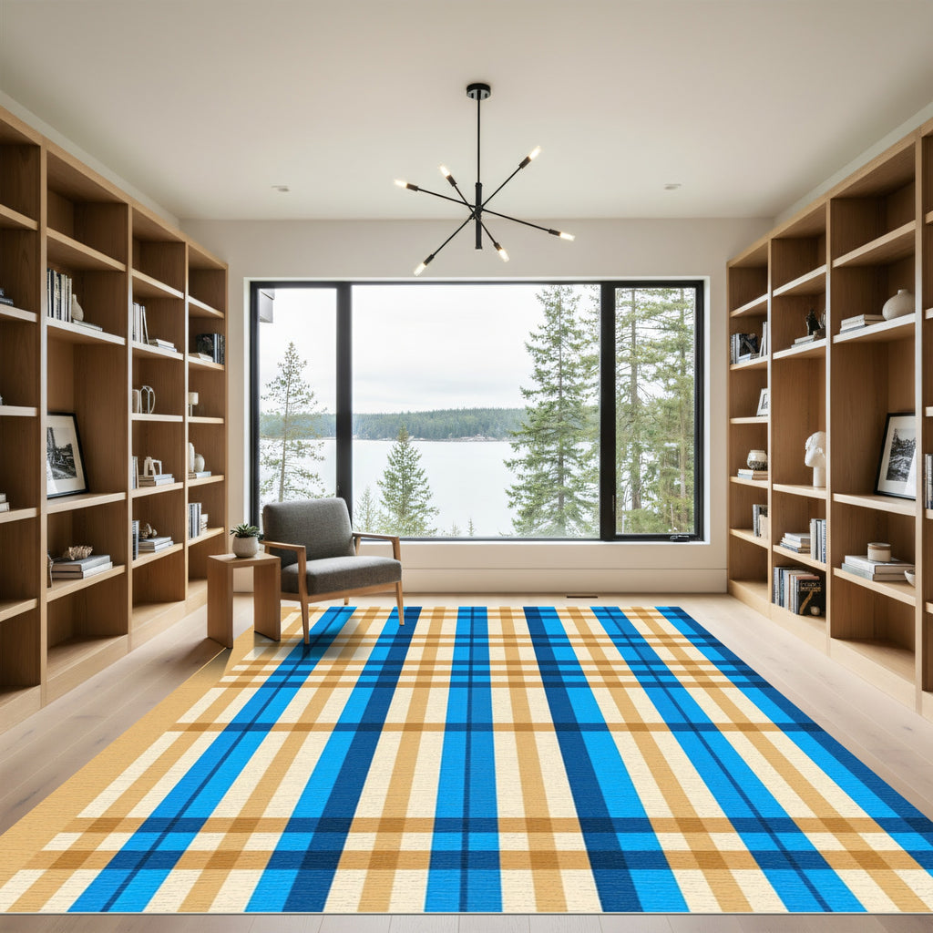 Modern Blue and Gold Plaid Grid Rug