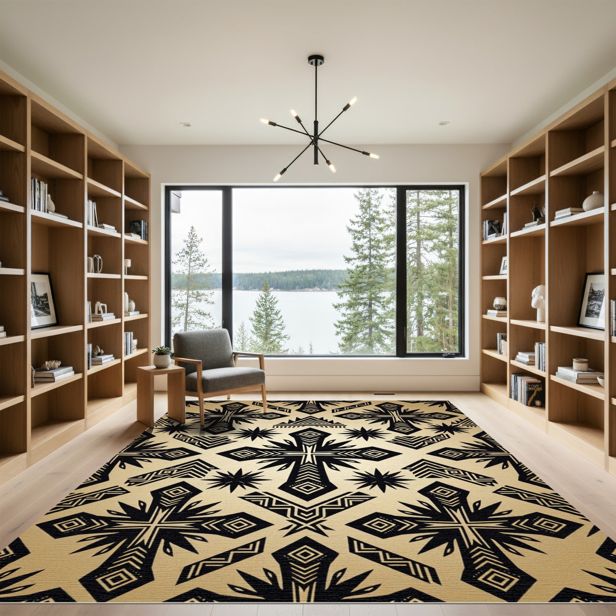 Black and Gold Geometric Cross Art Rug