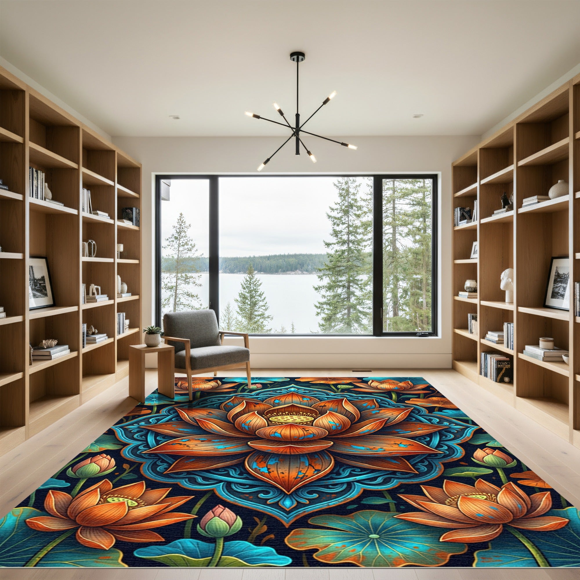 Vibrant Orange Lotus Teal Mandala Rug