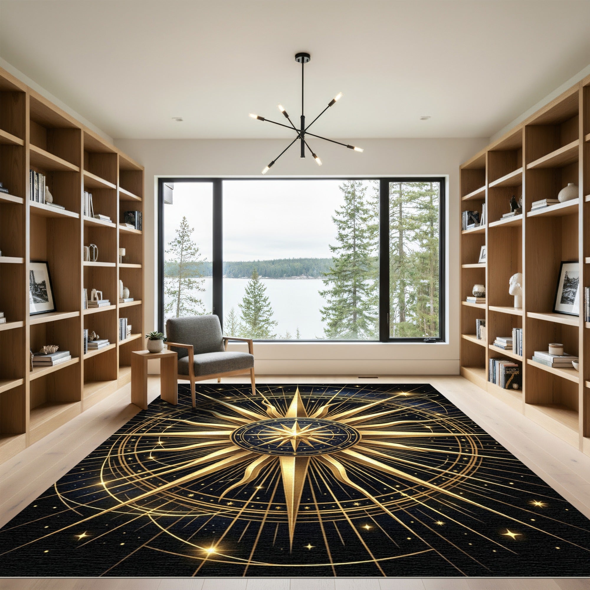 Celestial Golden Starburst Navy Medallion Rug
