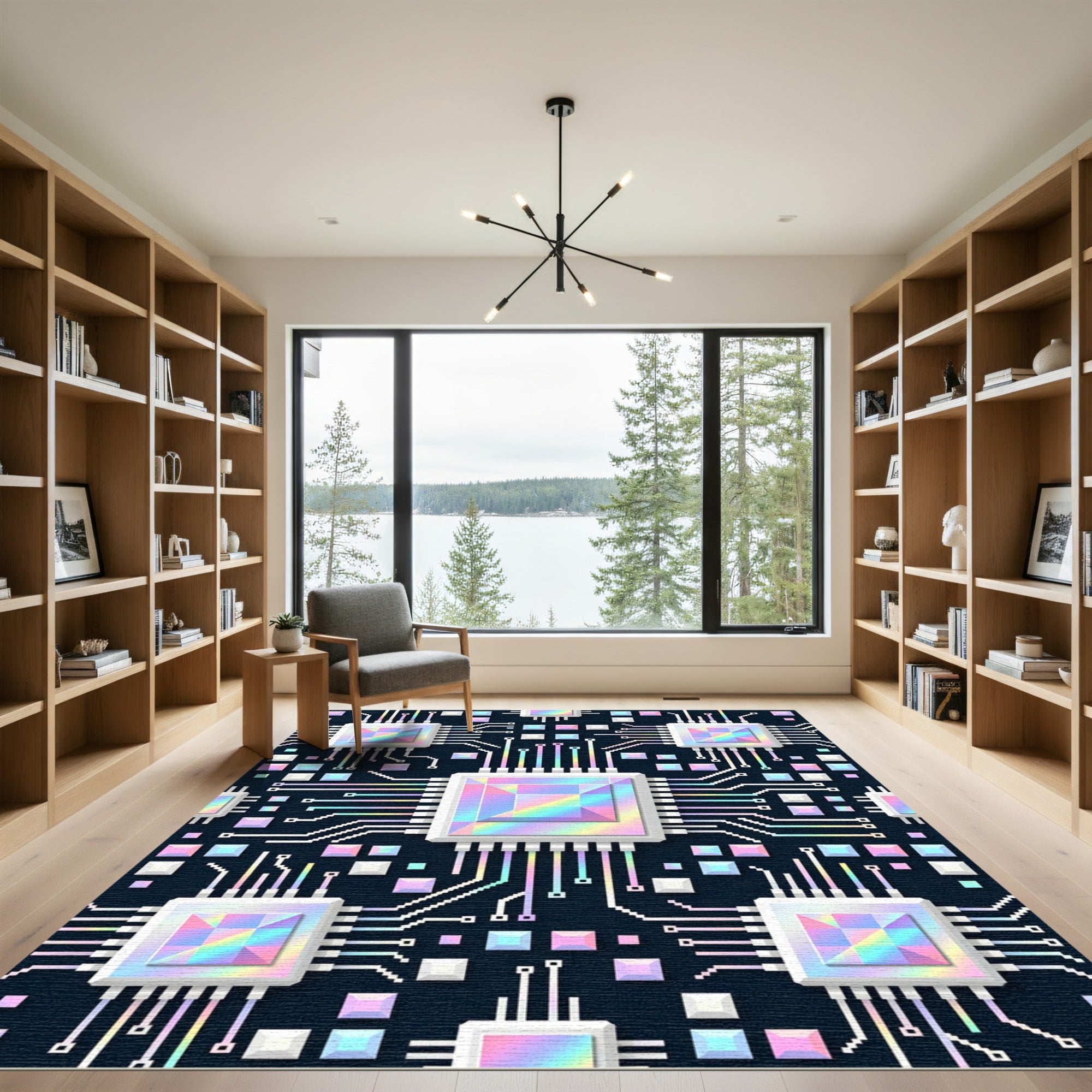 Holographic Circuit Board Geometric Tech Art Rug
