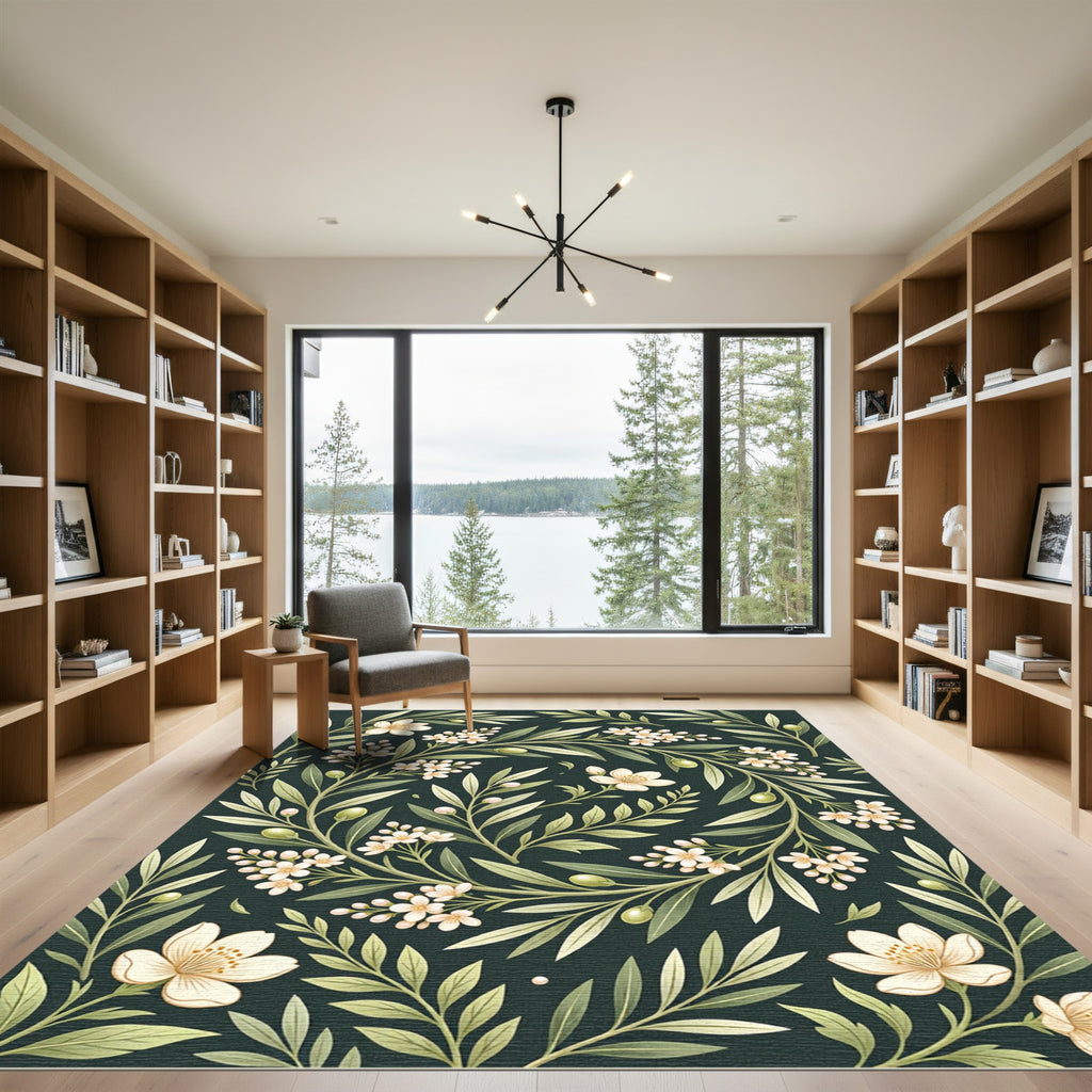 Elegant Olive Branch Floral Botanical Rug