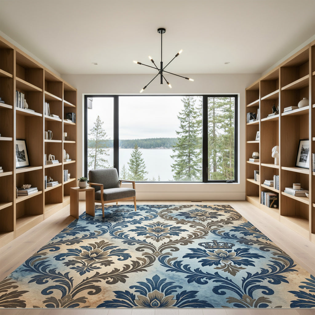 Regal Blue Crown Floral Damask Rug
