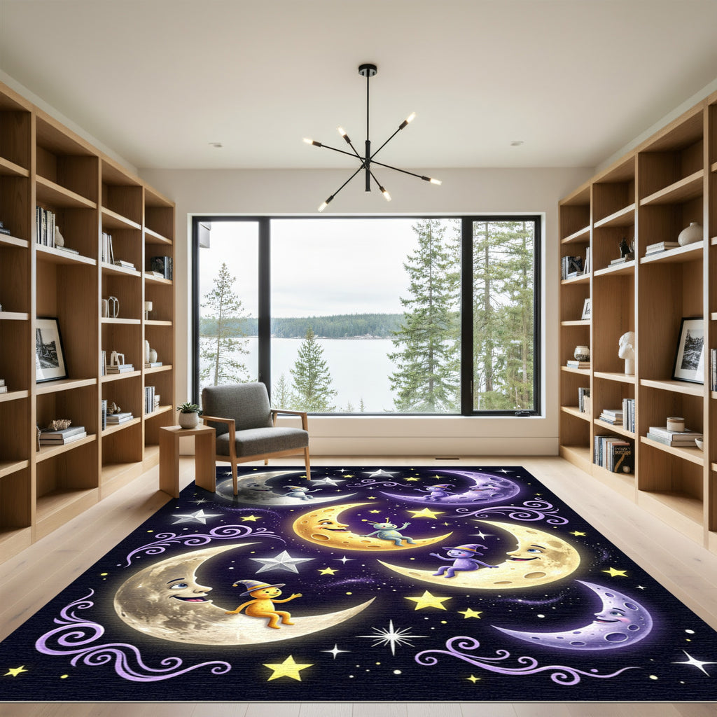 Whimsical Celestial Crescent Moon Starry Night Rug