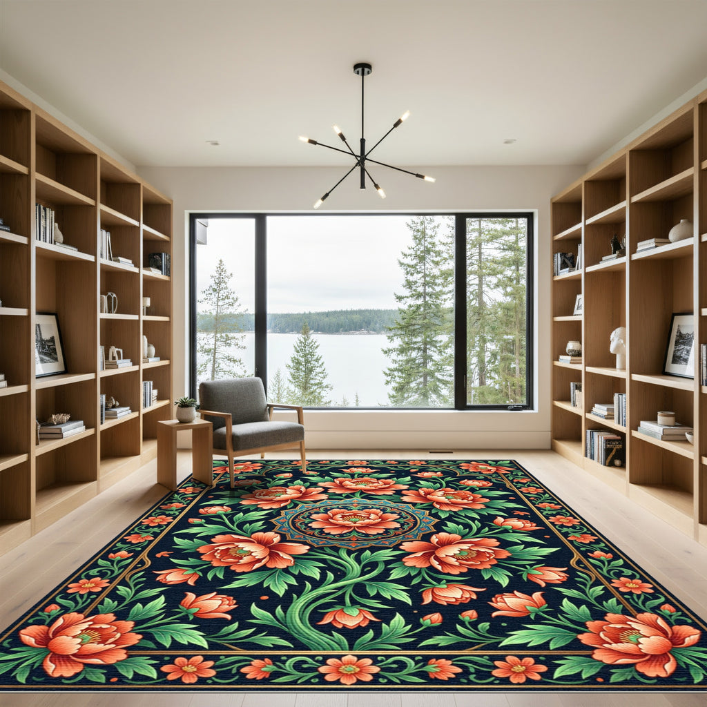 Peony Floral Medallion Ink Blue Rug