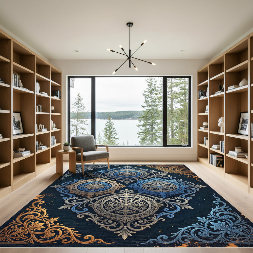 Elegant Blue Golden Ornate Medallion Rug
