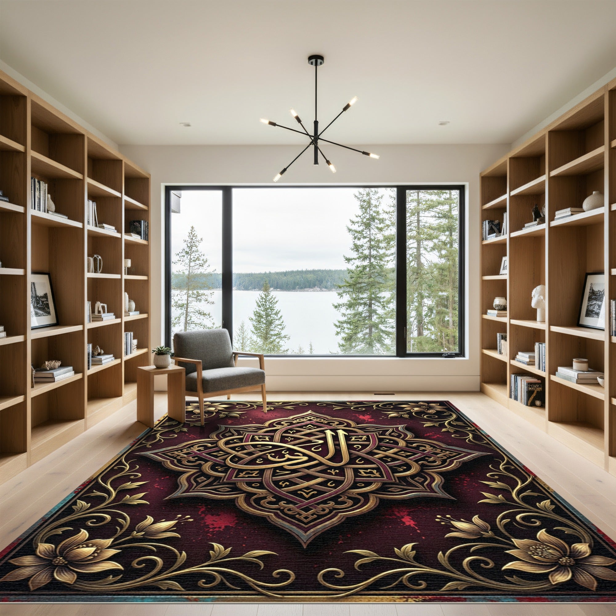 Ornate Radiant Crimson Golden Floral Medallion Rug