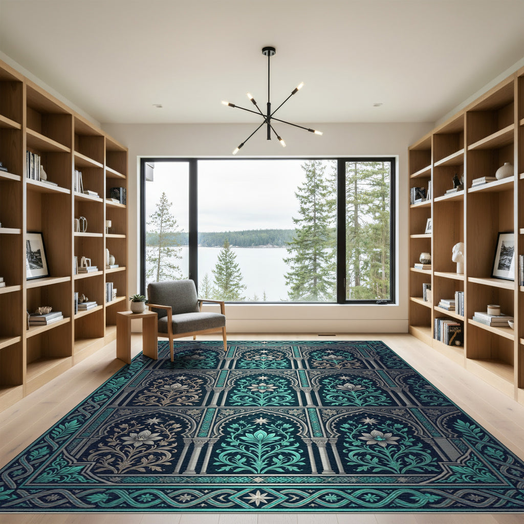 Intricate Teal Floral Archway Revival Rug