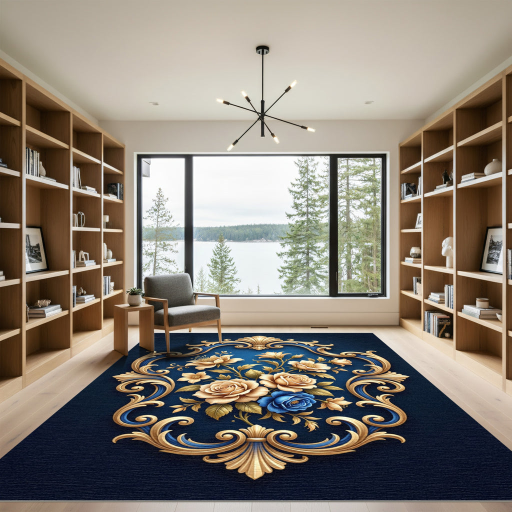 Golden Floral Baroque Midnight Blue Rug