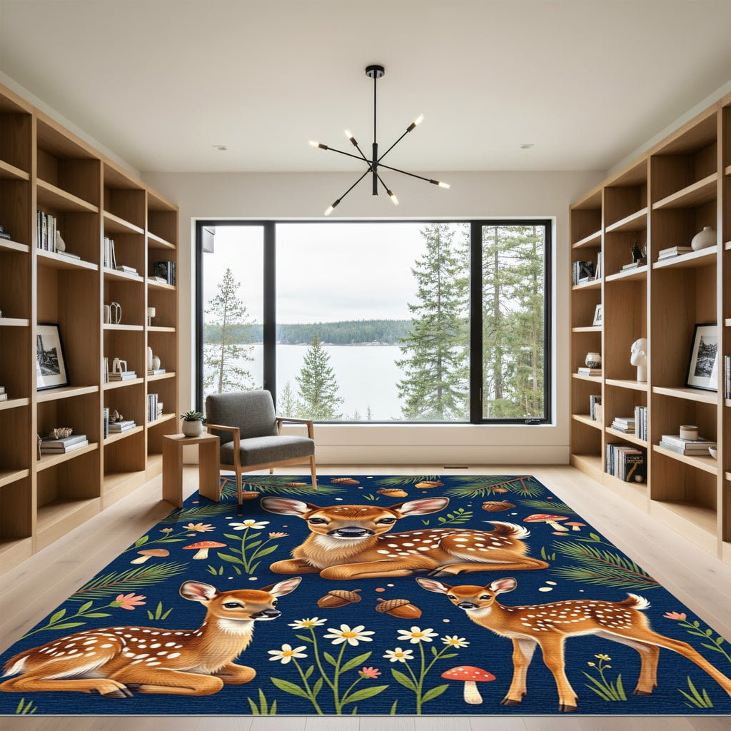 Whimsical Fawn Forest Acorn Meadow Rug