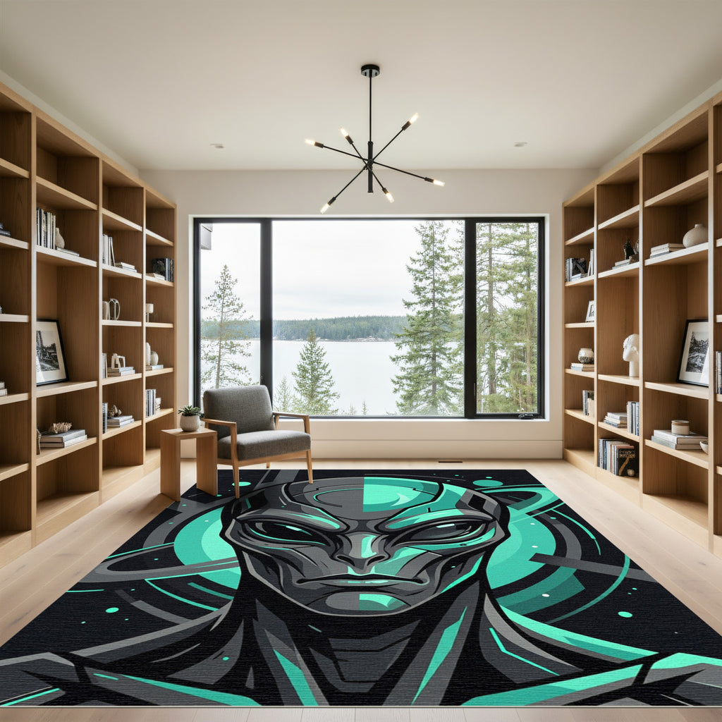 Futuristic Cyan Alien Cybernetic Portrait Rug