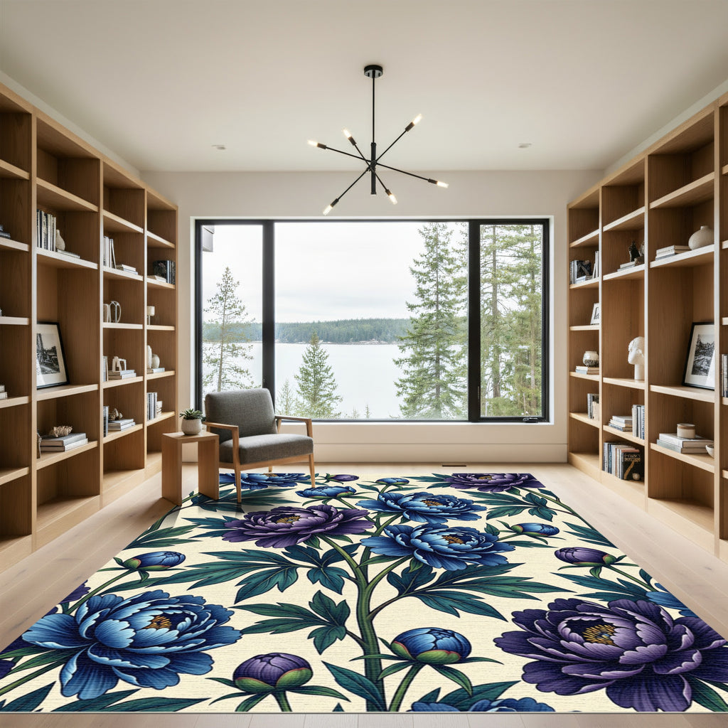 Botanical Indigo and Violet Peony Art Rug
