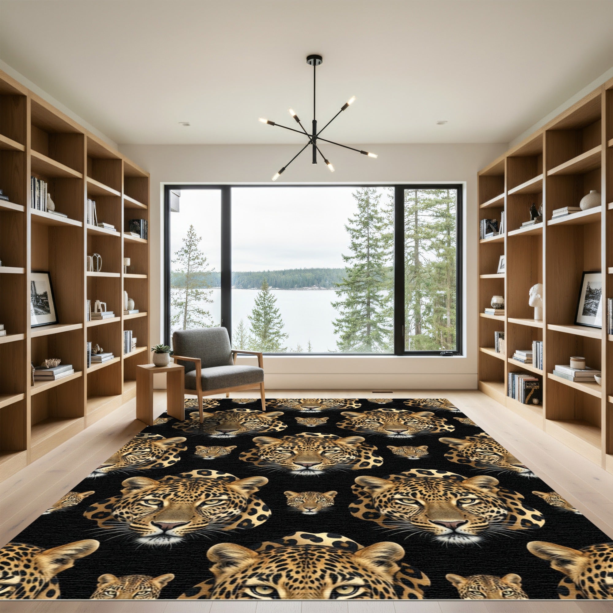 Majestic Leopard Faces Black Background Rug
