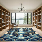 Zen Blue Waterfall Pagoda Geometric Landscape Rug