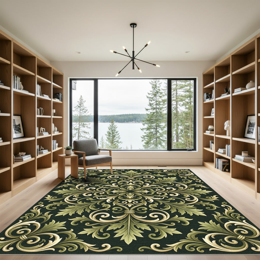 Sophisticated Olive Sage Acanthus Scroll Rug