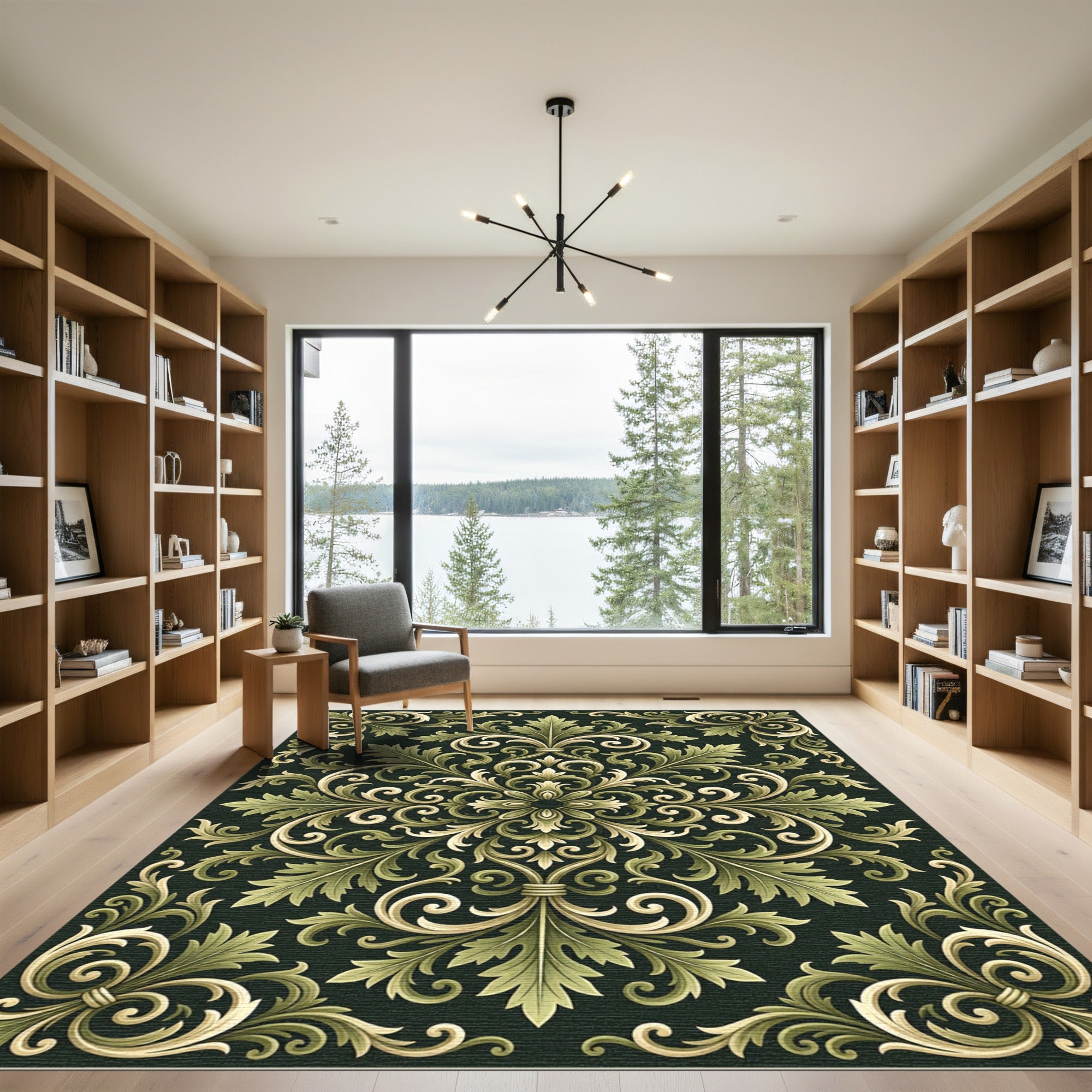 Sophisticated Olive Sage Acanthus Scroll Rug