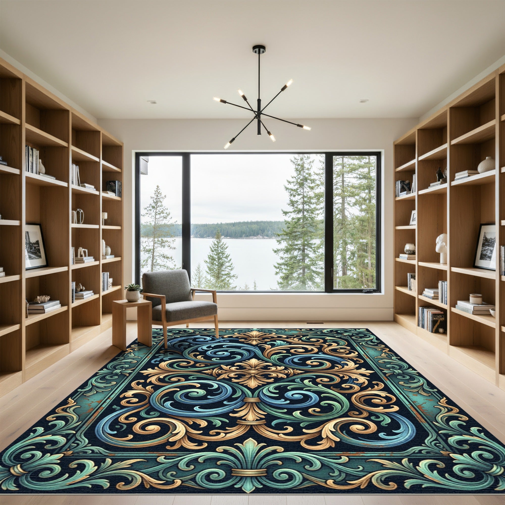 Ornate Teal Gold Flourish Scroll Rug