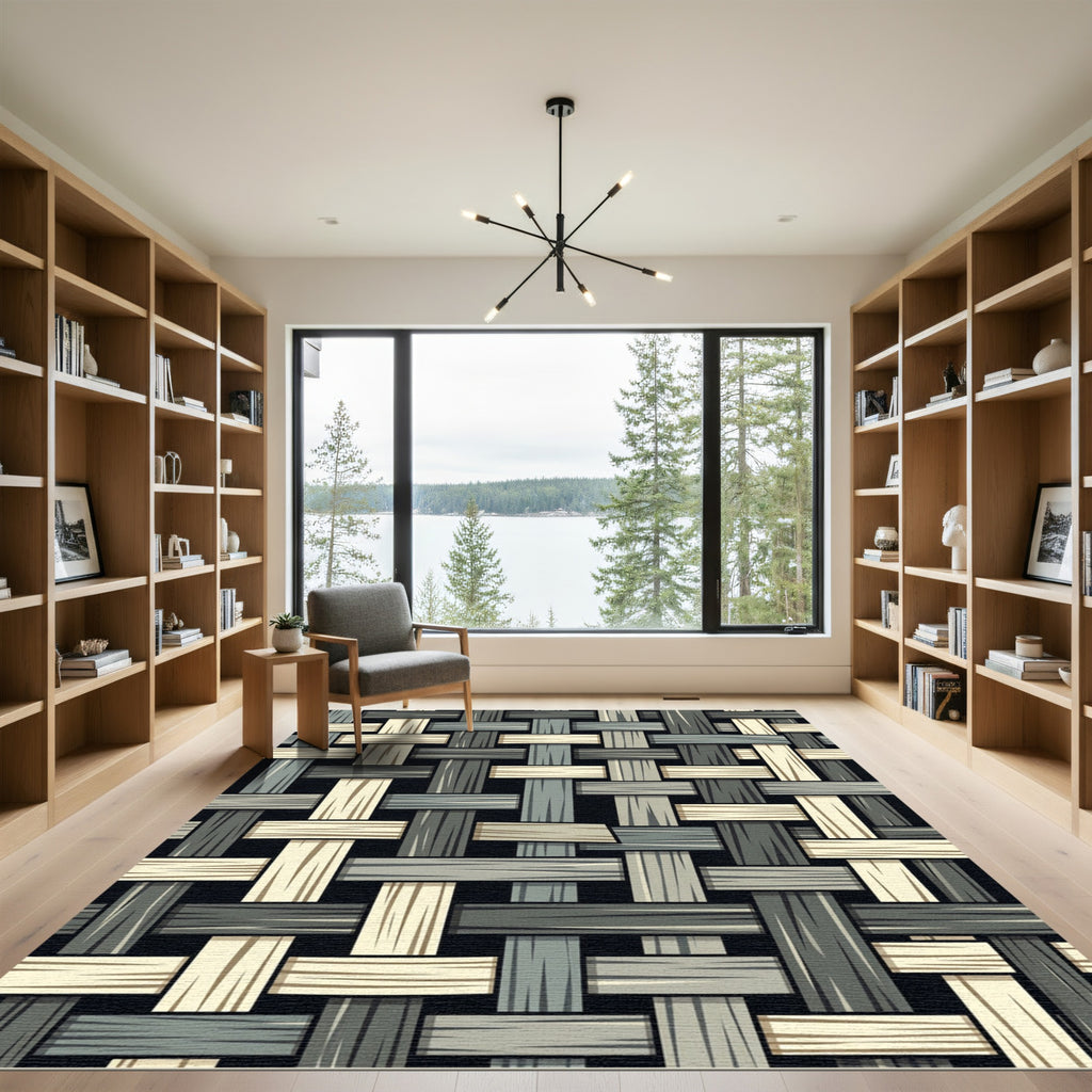 Woven Natural Wood Texture Grid Rug