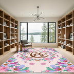 Whimsical Pink Floral Garden Monogram Rug